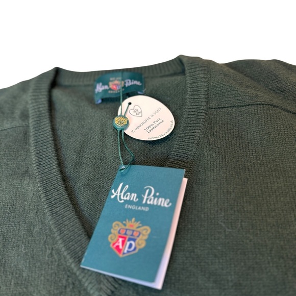 Alan Paine 100% Lambswool V Neck Sweater Loden Green UK 44 Heritage Pullover NWT - Picture 4 of 9